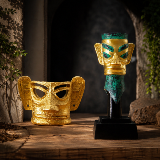 Ancient Guardians Set Golden Mask & Bronze Totem Sculptures  Decor