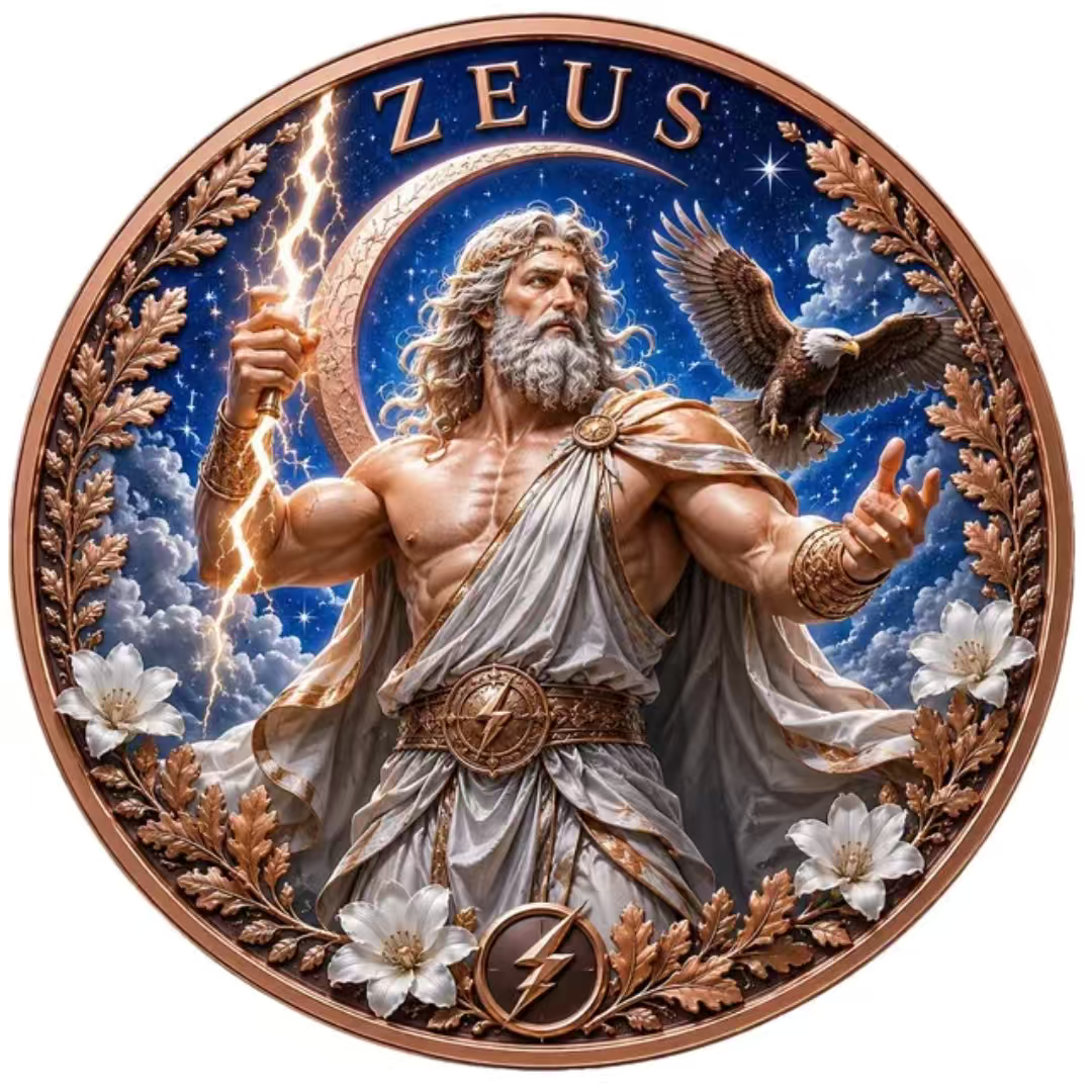 Zeus God of the Sky 1 oz. 3D High Relief Colourized Pure Copper Round