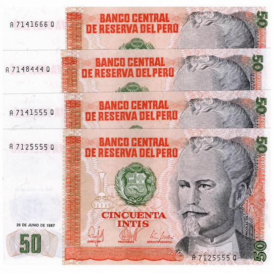 Peru 50 Centimos Banknote Fancy Serial R7125777Q Triple 7 UNC