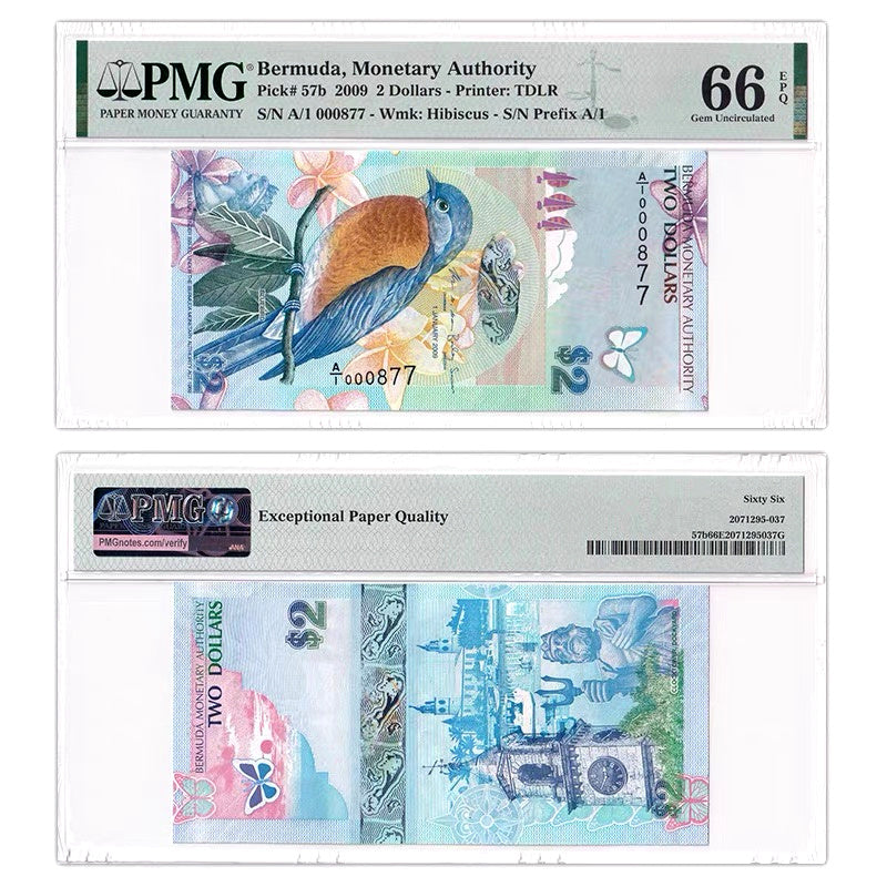 Bermuda 2009 $2 P-57b PMG 66 EPQ Gem UNC A/1 Low Serial 000877 Bird