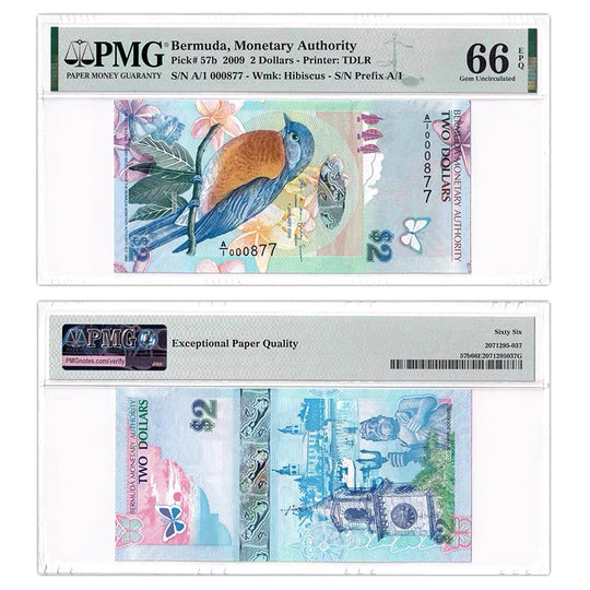 Bermuda 2009 $2 P-57b PMG 66 EPQ Gem UNC A/1 Low Serial 000877 Bird