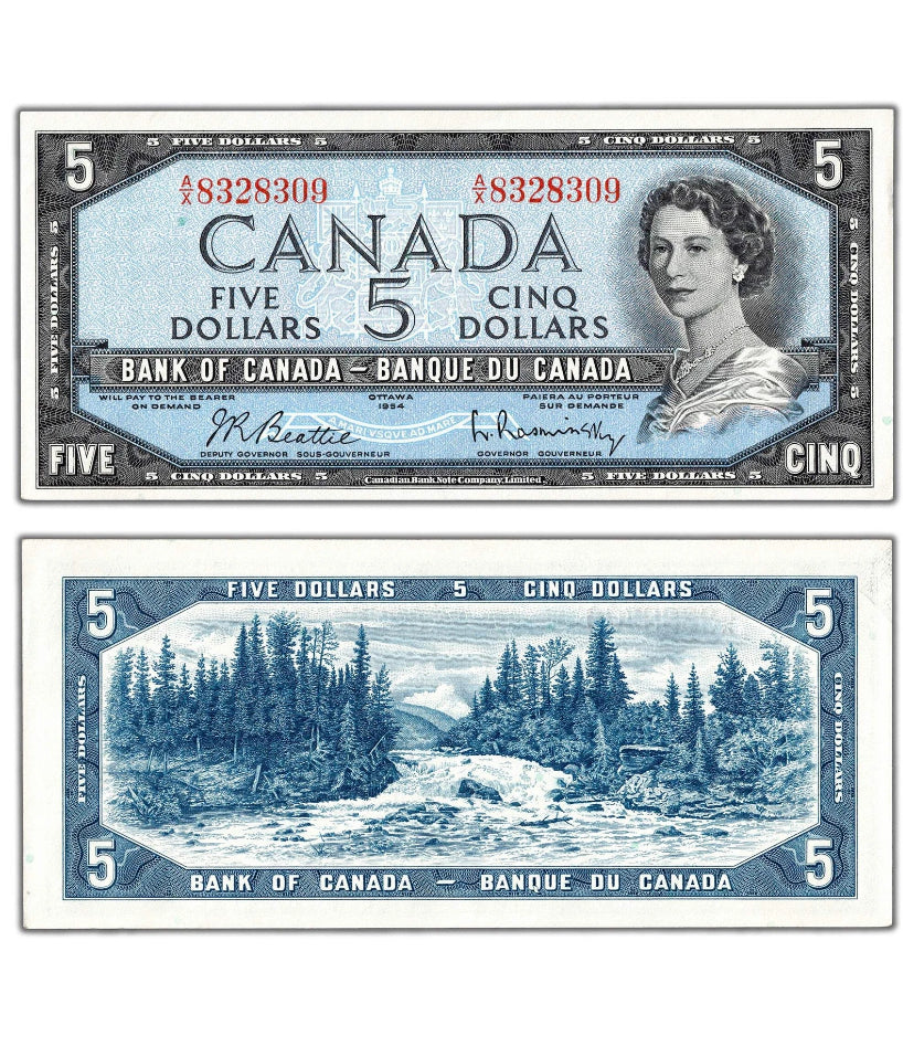 1954 Bank of Canada $5  Note Beattie-Rasminsky  BC - AU