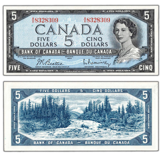 1954 Bank of Canada $5  Note Beattie-Rasminsky  BC - AU