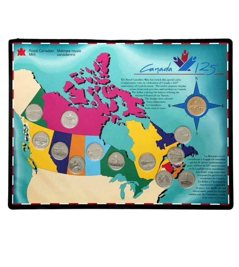 1992 125th Anniversary Coin Set Map  Includes 12 Provincial Quarters, and Parliament Loonie