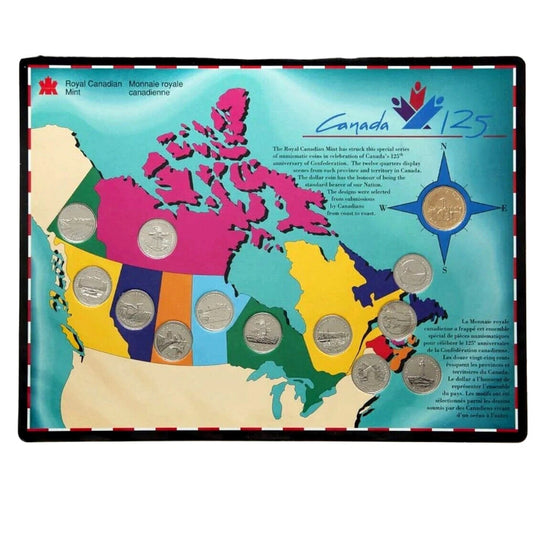1992 125th Anniversary Coin Set Map  Includes 12 Provincial Quarters, and Parliament Loonie