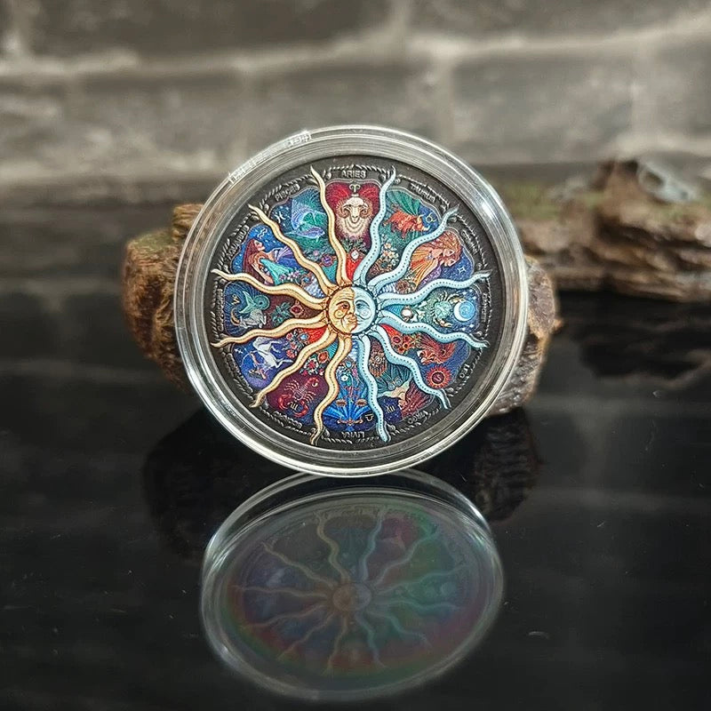 Lucky Coin - 12 constellations colored Craft Gift Coin in Protective Plastic Capsule Silver plated