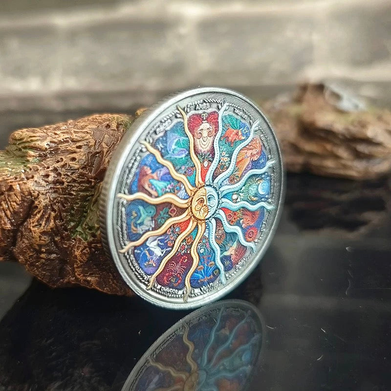 Lucky Coin - 12 constellations colored Craft Gift Coin in Protective Plastic Capsule Silver plated