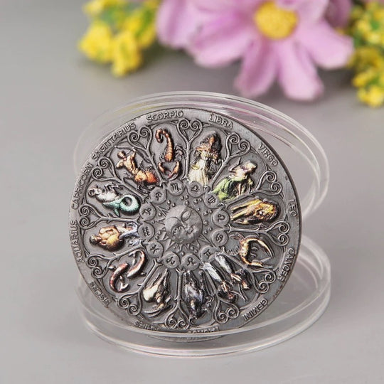 Lucky Coin - 12 constellations colored Craft Gift Coin in Protective Plastic Capsule Beautiful Coin
