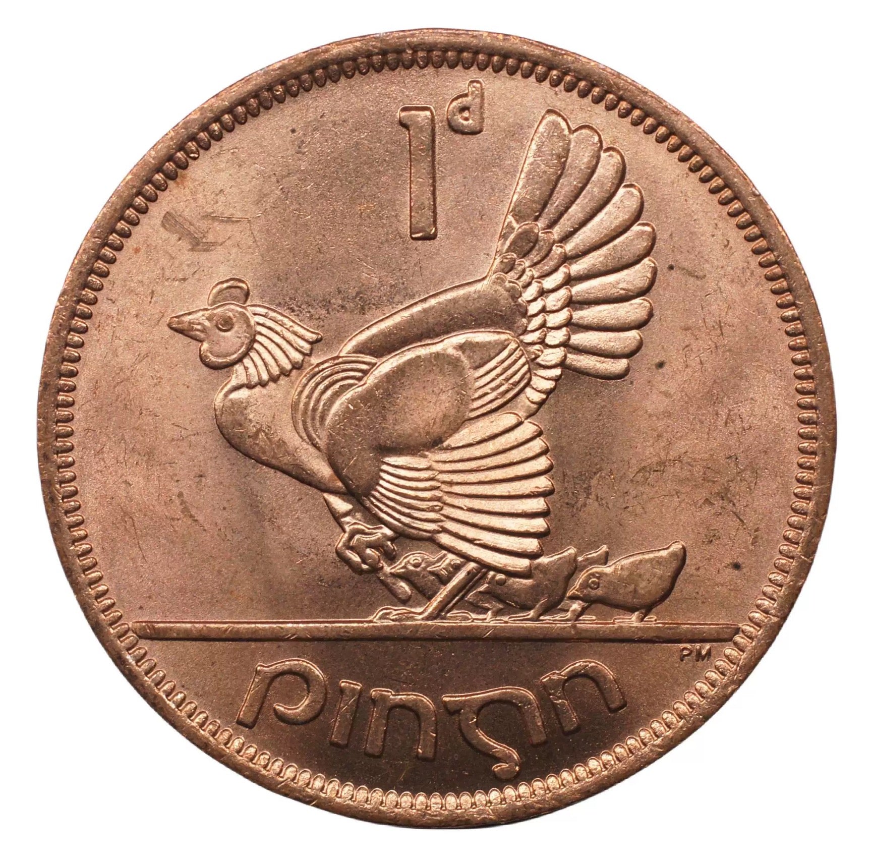 1968 Ireland 1 penny  hen harp copper coin UNC