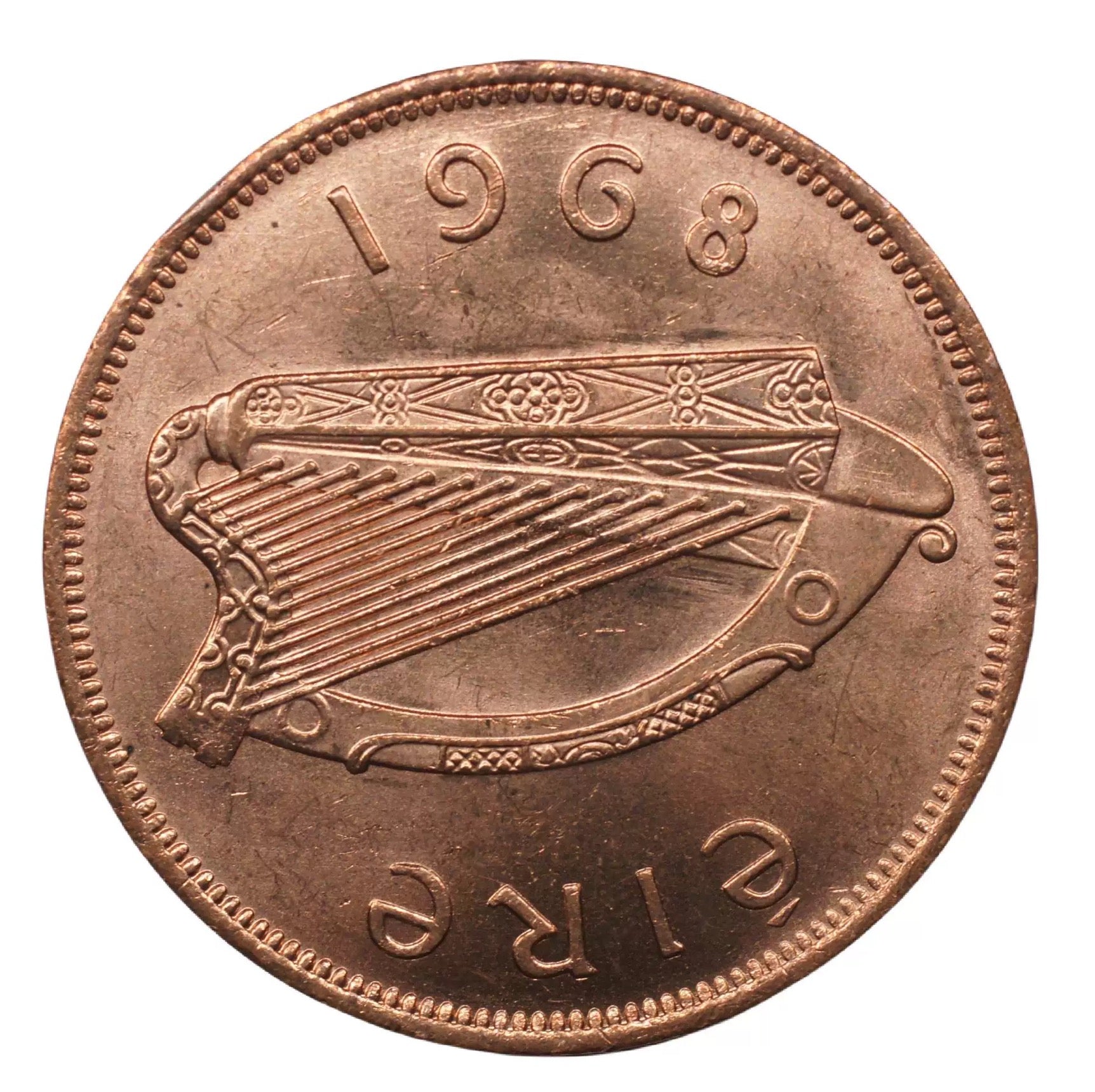 1968 Ireland 1 penny  hen harp copper coin UNC