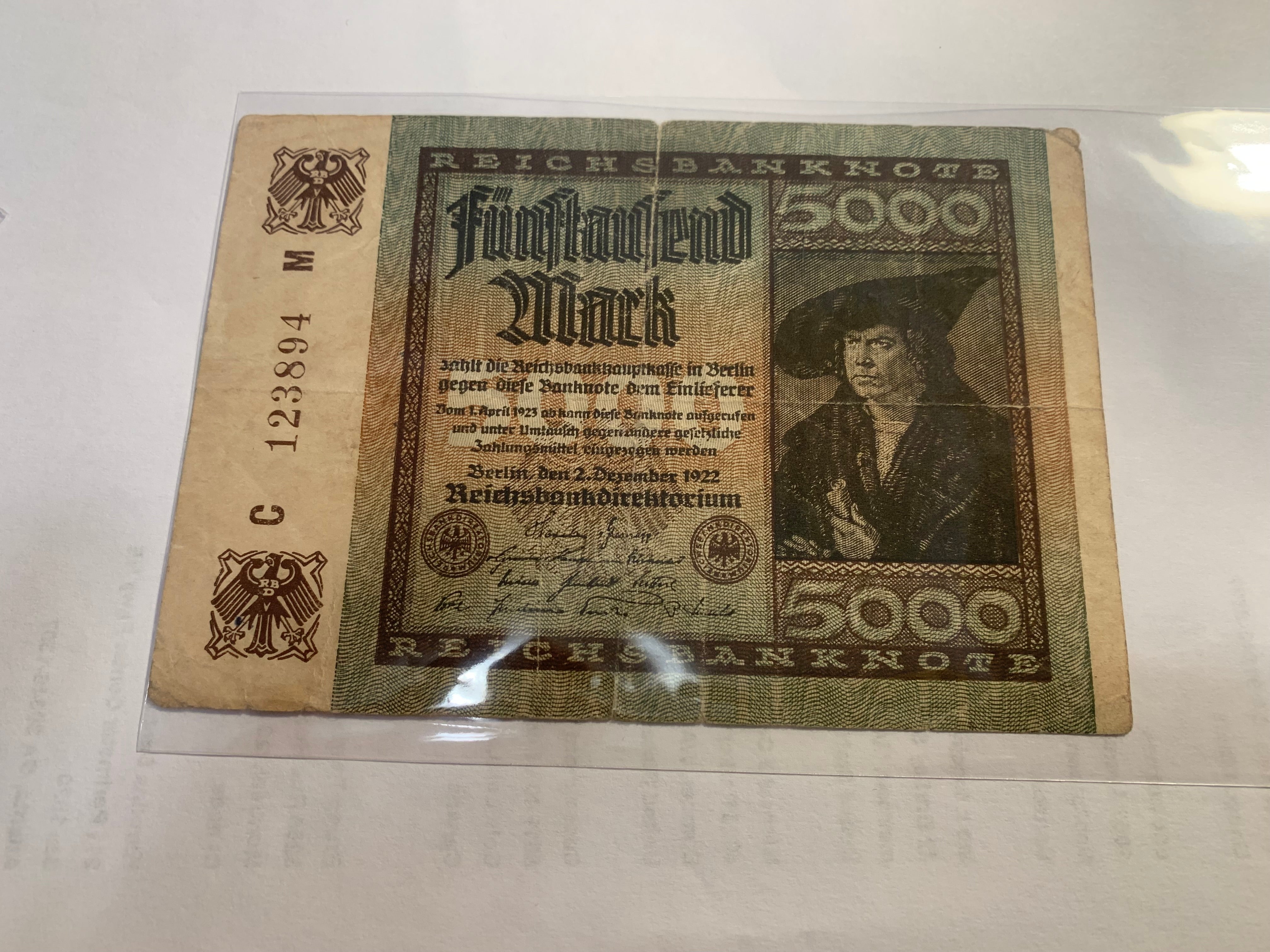 1922 GERMANY 5000 MARK BANKNOTE  Circulated VG