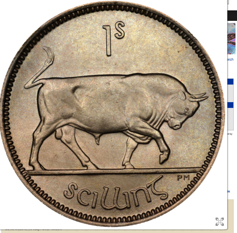 1959 Ireland Eire 1 Shilling KM#14a. One Dollar coin. Harp. Bull. H VF Condition