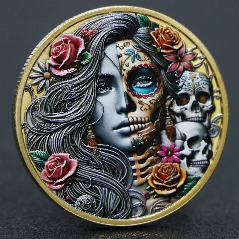 Lucky Coin Day of the Dead  Gift Coin Colored in Protective Plastic Capsule Silver plated