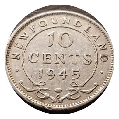 1945 C Newfoundland Silver 10 Cents Coin VF