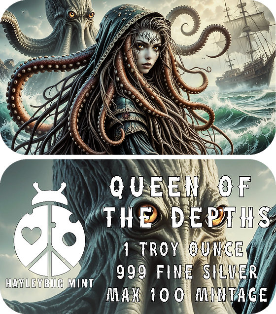 2025 QUEEN OF THE DEPTHS by Hayleybug Mint 1 Troy Ounce 999 Fine Silver Art Bar