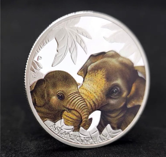 Lucky Coin - Elephant- Craft Gift Coin Colored in Protective Plastic Capsule Silver plated