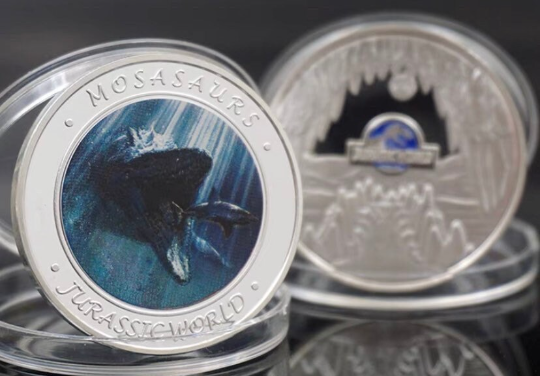 Lucky Coin - Jurassic Mosasaurus - Craft Gift Coin Colored in Protective Plastic Capsule Silver plated