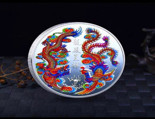 Lucky Coin - Dragon and phoenix Gift Coin in Protective Plastic Capsule silver plated