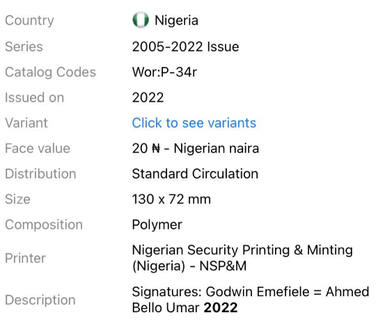 2021 Nigeria 20 naira P-New POLYMÈRE UNC