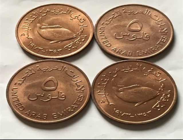 VAE Vereinigte Arabische Emirate 5 Fils FAO 1973-1989 Fisch 22 mm Bronzemünze Schöne Münze UNC