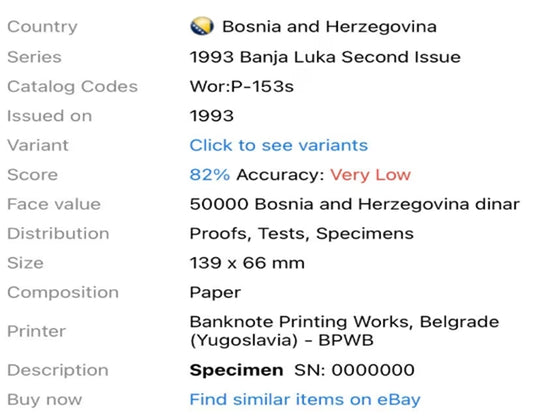 Bosnia Herzegovina 50,000 Dinara P 153 1993 UNC 50000
