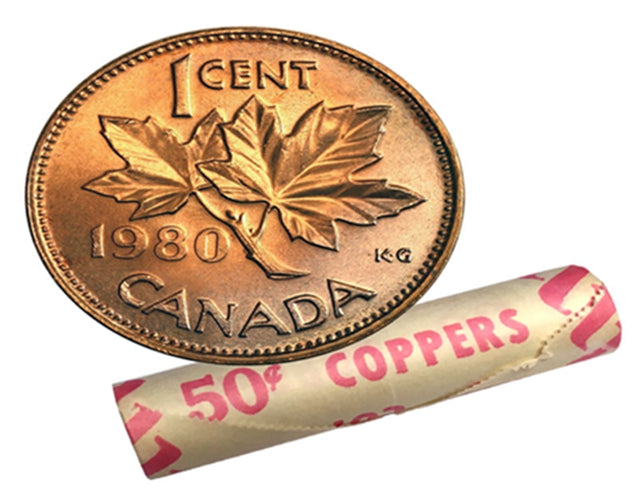 1980 Rouleau de pièces de monnaie en forme de feuille d'érable canadienne de 1 cent -50 pièces BU