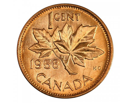 1958 Penny de brindille de feuille d'érable canadienne de 1 cent BU