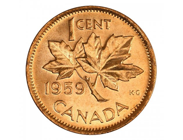 1959 Canadian 1-Cent Maple Leaf Twig Penny  BU