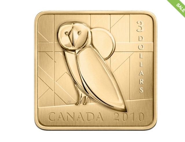 2010 Canadian $3 Wildlife Conservation Series: Barn Owl Sterling Silver Gold-plated Square Coin