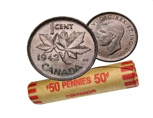 1942 Canadian 1-Cent Maple Leaf Twig Penny Coin Roll  Circulated(50 Coins)