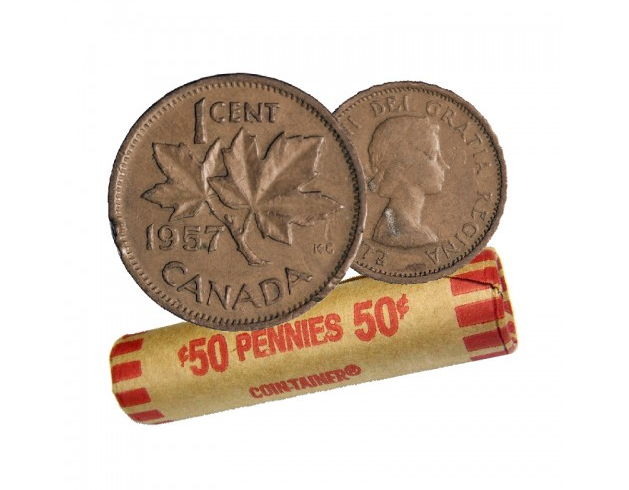 1957 Kanadische 1-Cent Maple Leaf Twig Penny Münzrolle – 50 Münzen im Umlauf