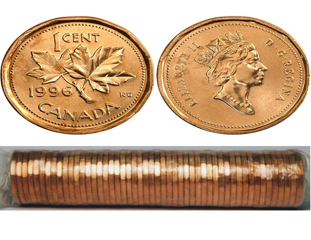 1996  Canadian 1-Cent Maple Leaf Twig Penny Coin Roll  -50 Coins BU