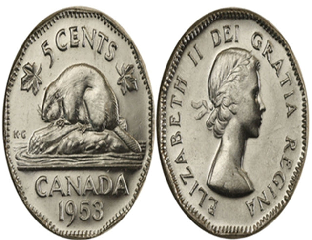 1953 Canadian 5-Cent Beaver Nickel Coin VF