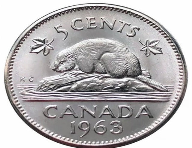 1963 Canadian Nickel 5 Cents Coin. Canada Five Cents Beaver BU