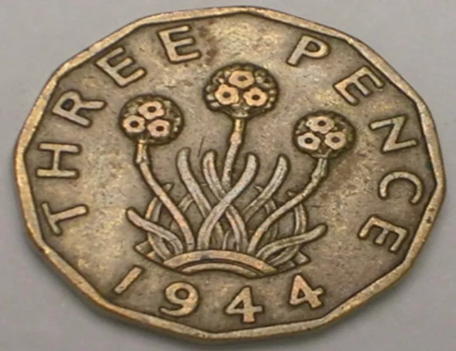 1944 UK Great Britain British Three 3 Pence WWII Era Plant Coin VF