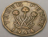 1944 UK Great Britain British Three 3 Pence WWII Era Plant Coin VF