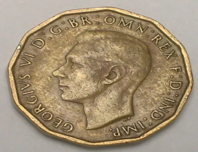 1944 UK Great Britain British Three 3 Pence WWII Era Plant Coin VF