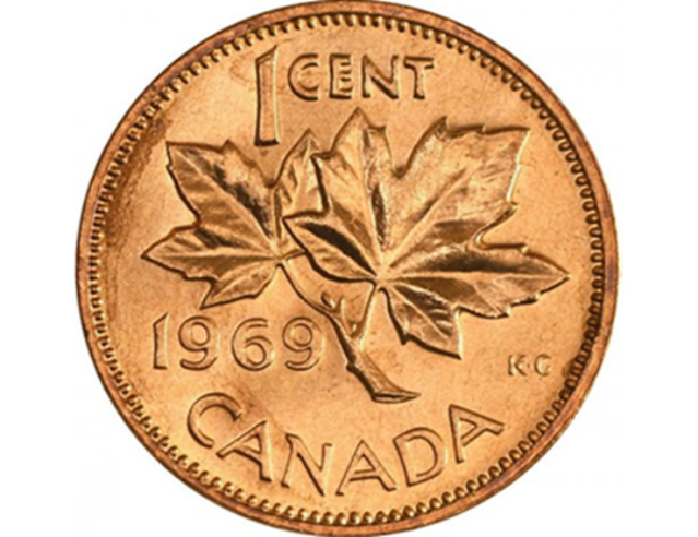 1969 Canadian 1-Cent Maple Leaf Twig Penny BU