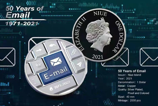 2021 Niue Island 1 Dollar 50 Years of Email silvered copper coin
