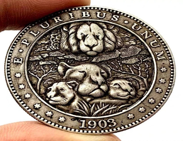 Hobo Coin -Lion family in Protective Plastic Capsule Copper Engraved