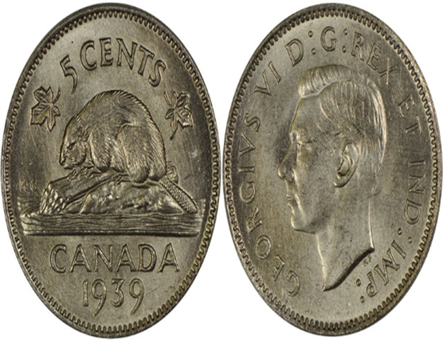1939 Canadian 5-Cent Beaver Nickel Coin VF