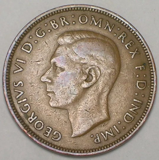 1944 UK Great Britain British One 1 Penny George VI Coin VF+