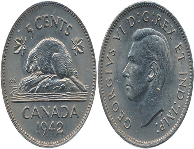 1942 Canadian 5-Cent Beaver Nickel Coin(Circulated) VF