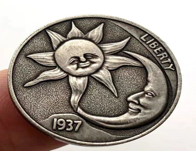 Hobo Coin - Sun and moon in Protective Plastic Capsule Copper Engraved